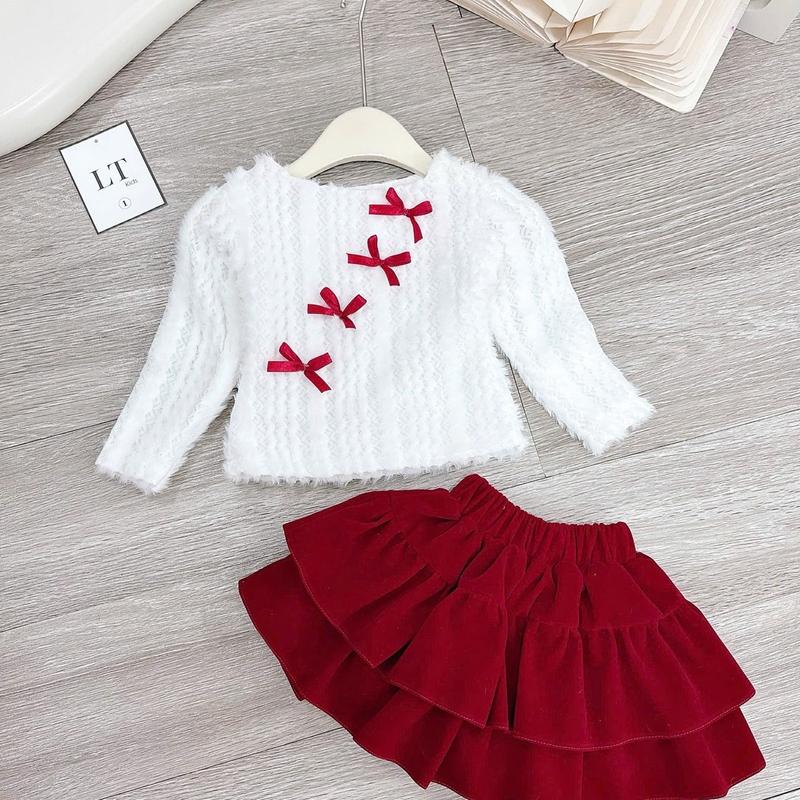 Ong Kis sét áo lông mền nơ nổi kèm chân váy nhung đỏ cho bé gái 8-32kg 1