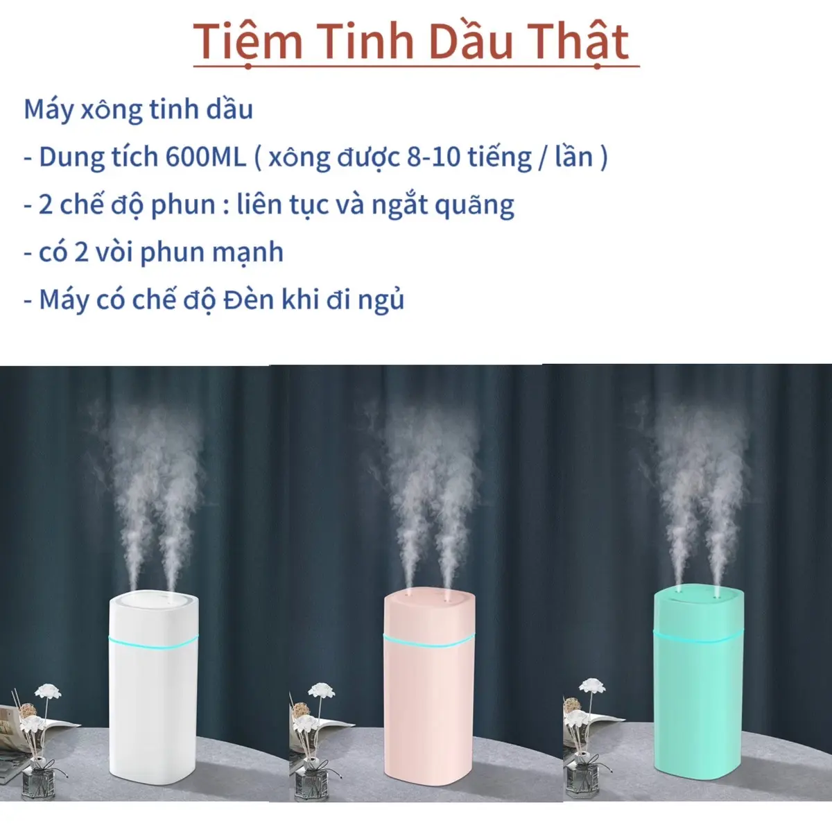 MÁY XÔNG TINH DẦU 600ML - 2 vòi phun giúp phòng sạch sẽ , thơm mát , xông phòng bằng tinh dầu thiên nhiên . Để xe ô tô, phòng khách , phòng ngủ, phòng làm việc