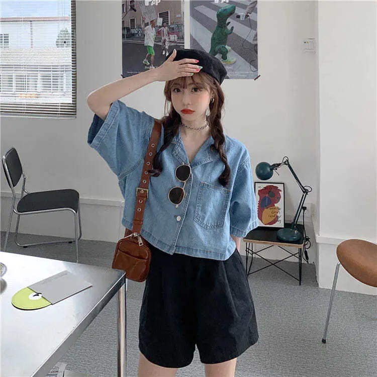 957-KEMEJA & BLOUSE JEANS DENIM ATASAN WANITA LENGAN PENDEK/KEMEJA JEANS CROP Light Keren 2