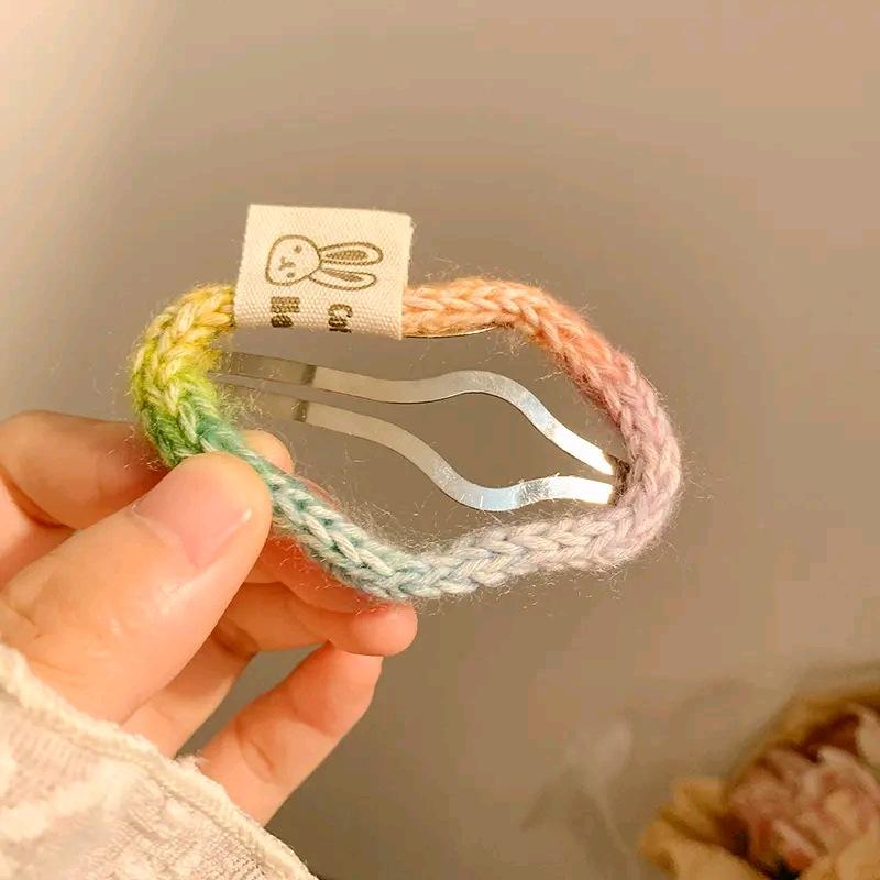 Cute Rainbow Color Wool Woven Barrettes Female Forehead Hairpin Side Fringe Clip Back Head BB Clip Hairware 3