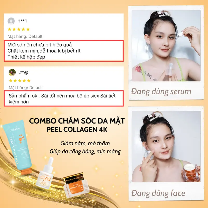 [Mua 1 Được 3 UPSIZE] Combo Peel Collagen Comi 4K(75Ml) + Serum B5 HA(20Ml) + Kem Face Huyết Yến Bakuchiol(20G) - Dưỡng trắng, Cấp ẩm, Giảm Thâm Nám. Skincare 5