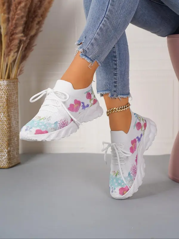 Women's Fashionable Floral Pattern Lace Up Low Top Sneakers, Casual Comfortable Breathable Sports Running Shoes, All-match Basic Shoes for Daily Wear 2