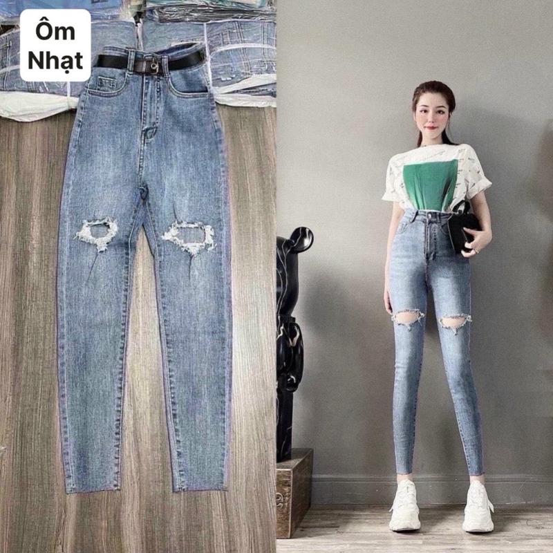 QUẦN JEANS ÔM RÁCH xanh CẠP CAO CO DÃN. Nữ Women Pants