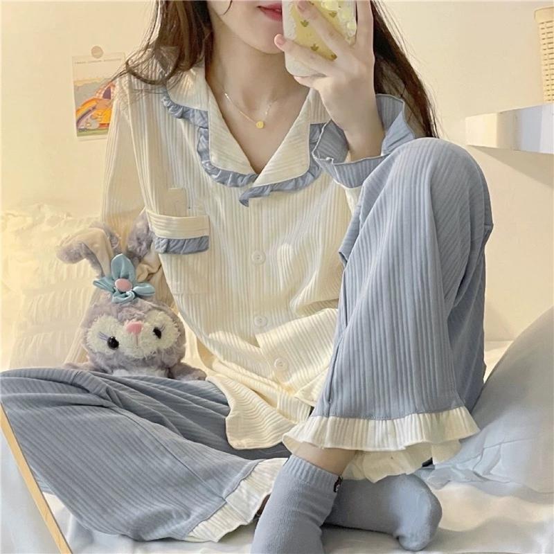 set Bộ mặc nhà pizama tay dài, quần dài phối bèo tiểu thư chất liệu đũi xốp gân - Đồ ngủ nữ phong cách Hàn quốc hottrend