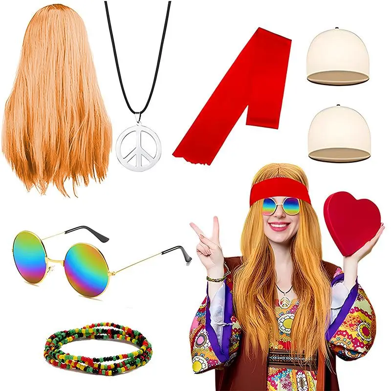7 Piece Hair Wig Set, Wig Necklace Sunglasses Bracelet Hair Net and Tie-Dye Headband Costume Accessory Set Party
