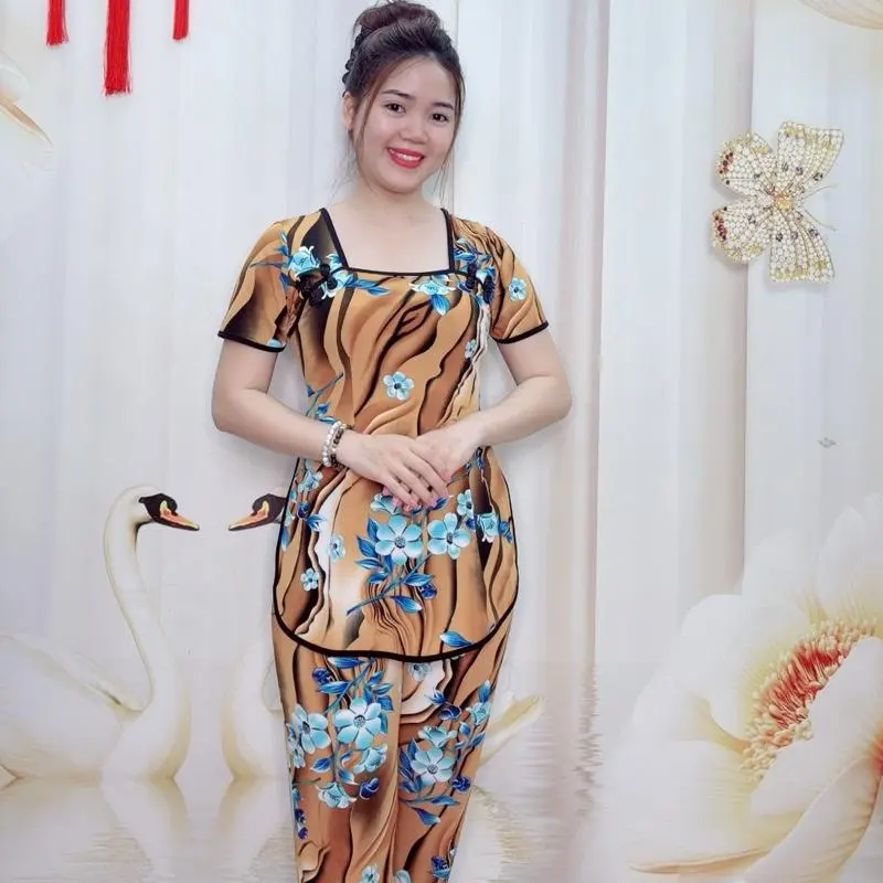 A64 Đồ bộ sẩm bông thun nữ trung niên hoạ tiết bông loang bắt mắt thương hiệu Hải Sơn Women