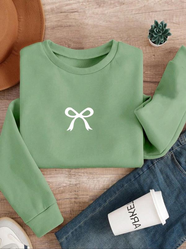 Women's Bow Print Crew Neck Sweatshirt, Casual Long Sleeve Pullover for Daily Wear, Ladies Clothes for All Seasons 6