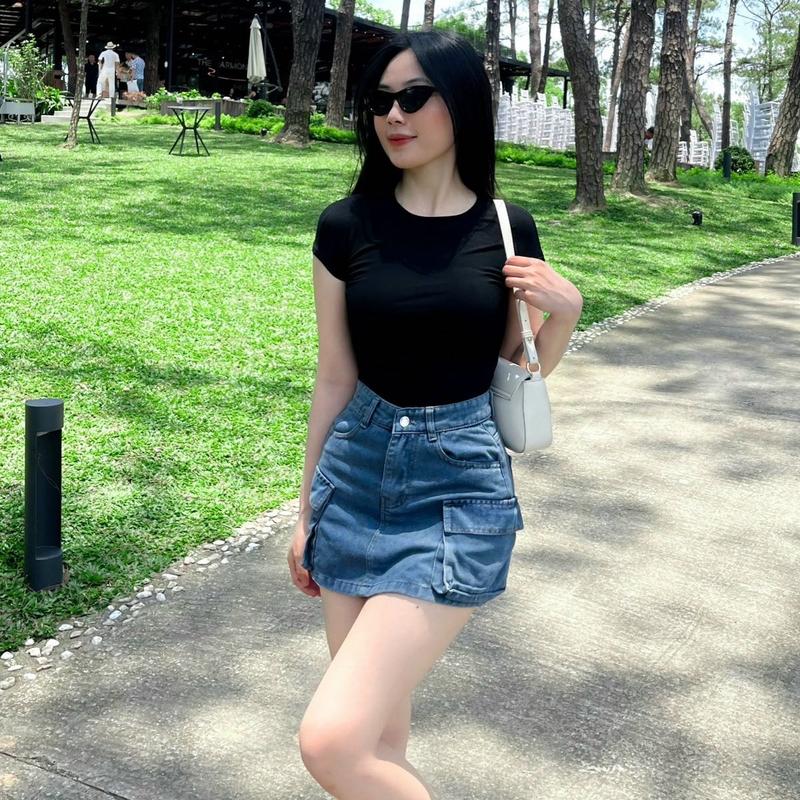 Wan Vn Chân Váy Jeans Chữ A Nữ Ngắn Túi Hộp Basic Có Lót Trong Tôn Dáng Cạp Cao Ôm Eo Quần Bảo Hộ lửng Women Khuy bò 4