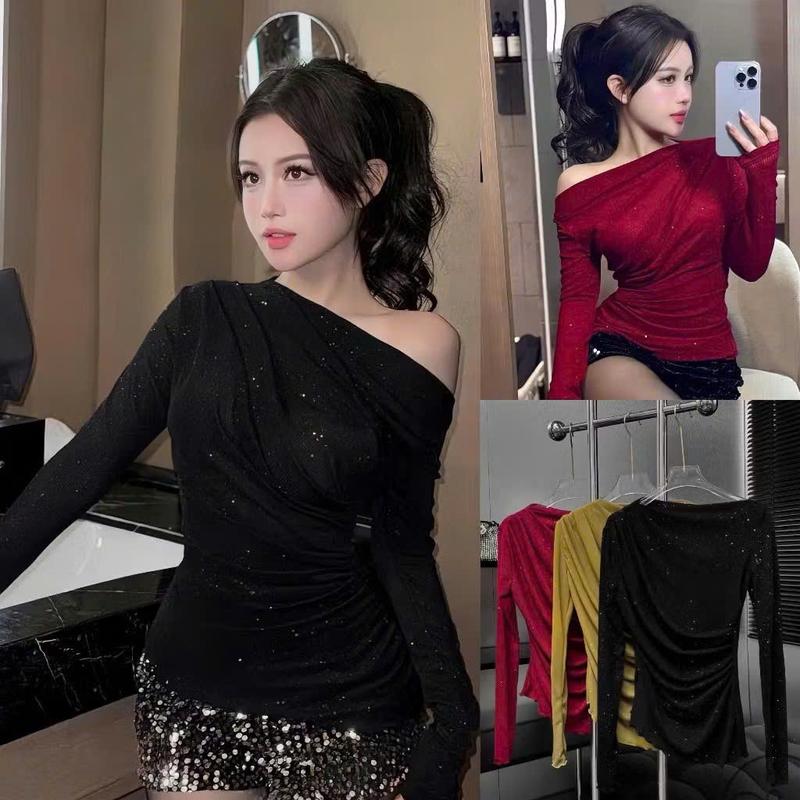 Áo Thun Nữ Dài Tay Lệch Vai Chất Nhũ Lấp Lánh Nhún Eo A233