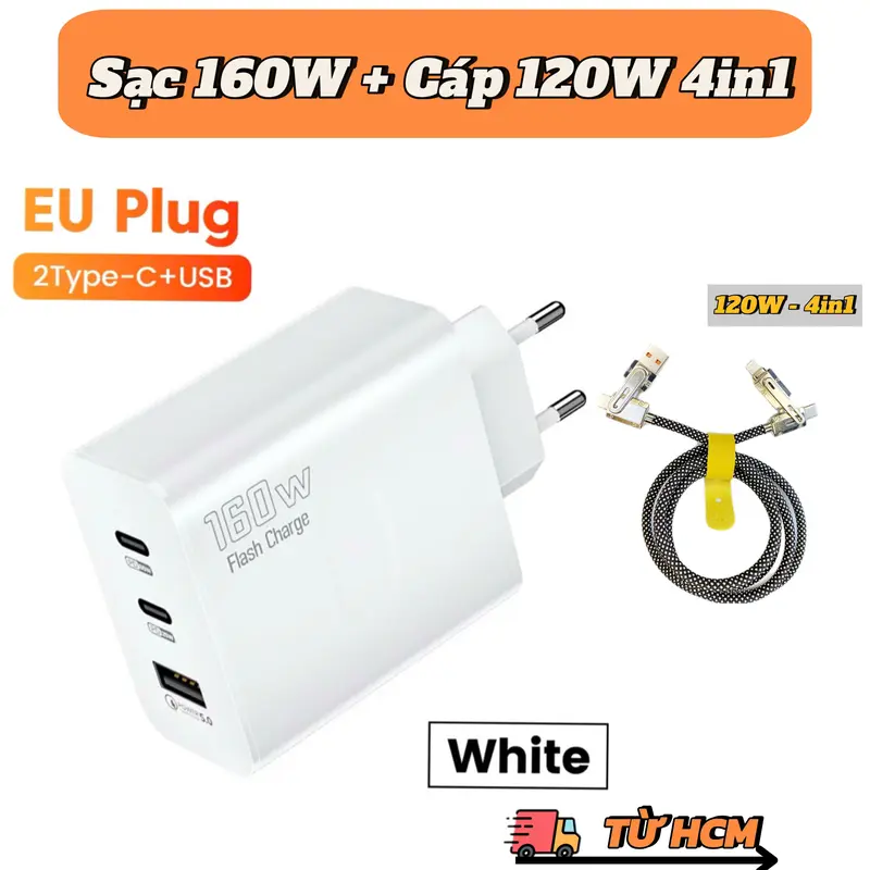 Củ Sạc Nhanh 160W 3 Cổng 2 Type-C 1 USB, Và Cáp Sạc Nhanh 120w 4 trong 1 - Sạc Siêu Nhanh Cho Điện Thoại Phone - Phụ Kiện 3