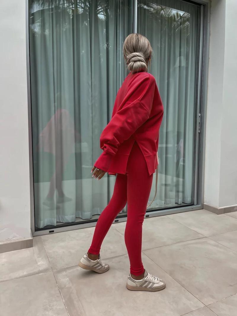 Product Introduction of 【Fashionwave Collection】 Two-Piece Set Women's Solid Drop Shoulder Split Hem Sweatshirt & Elastic Waist Pants, Casual Fashion Cozy Round Neck Long Sleeve Pullover & Skinny Trousers for Daily Outdoor Wear, Women's Lounge Clothing for Spring & Fall 13
