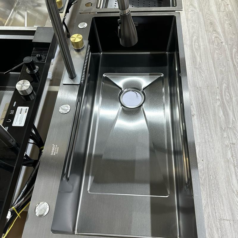 SHINMEN Chậu đúc KT 90x45 inox 304 phủ Nano vòi thác nước rút dây dùng nóng lạnh cao cấp