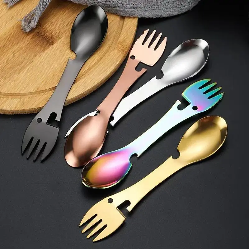 5 in 1 Camping Fork Spoon with Bottle Opener, 1 Count Portable Multifunctional Tool, Stainless Steel Utensils for Camping, Hiking & Survival 0