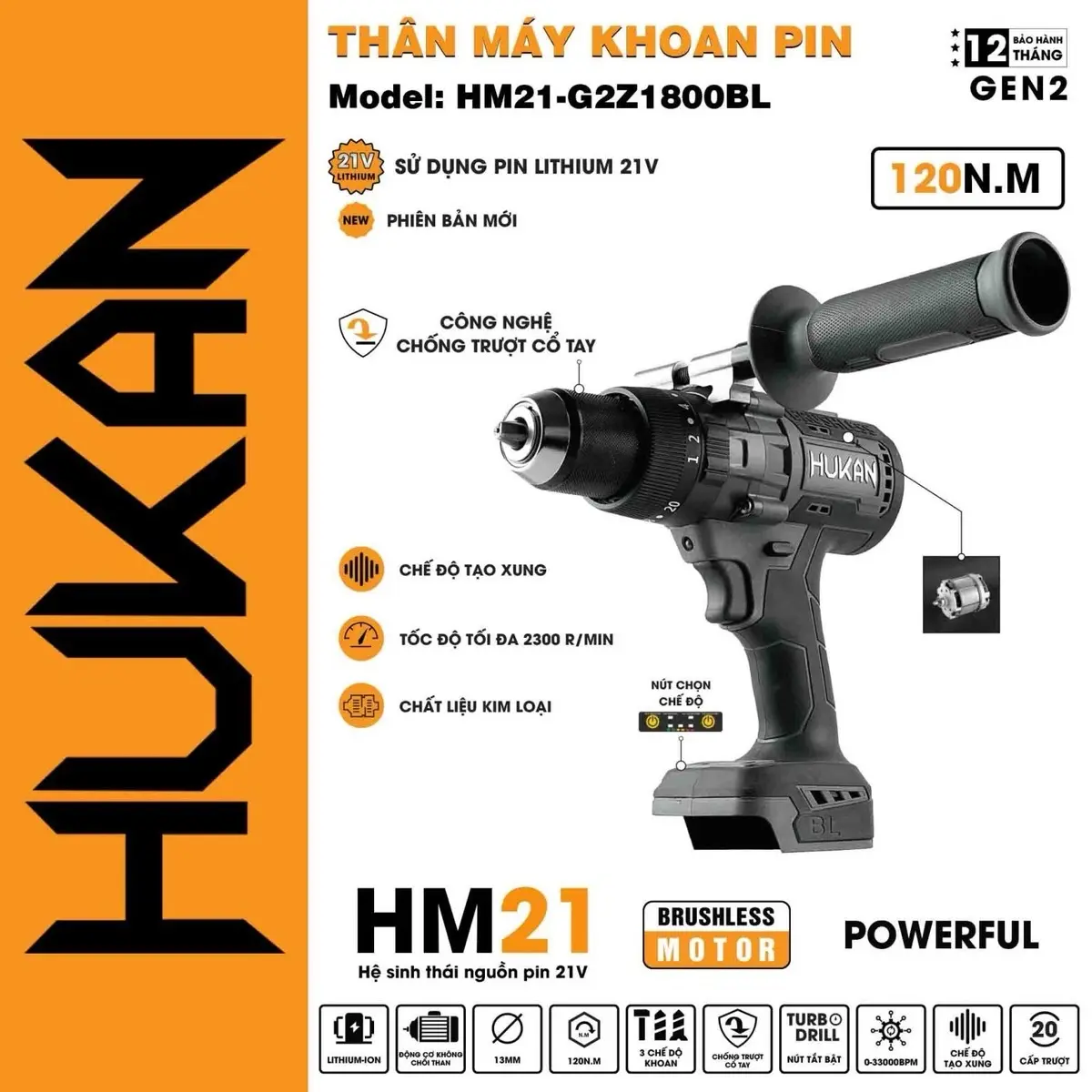 Máy khoan pin 13mm HUKAN Z1800 chuyên rút lõi,Lực siết 120N,Động cơ nguyên khối,Chân pin phổ thông.may khoan cam tay thân