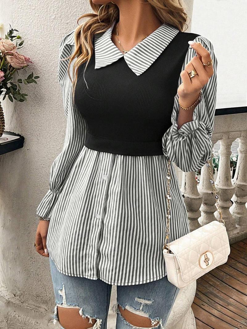 Product Introduction of Women's Striped Print Blouse, Elegant Long Sleeve Collared Top for Spring & Fall, Women's Clothing for Daily Wear 5