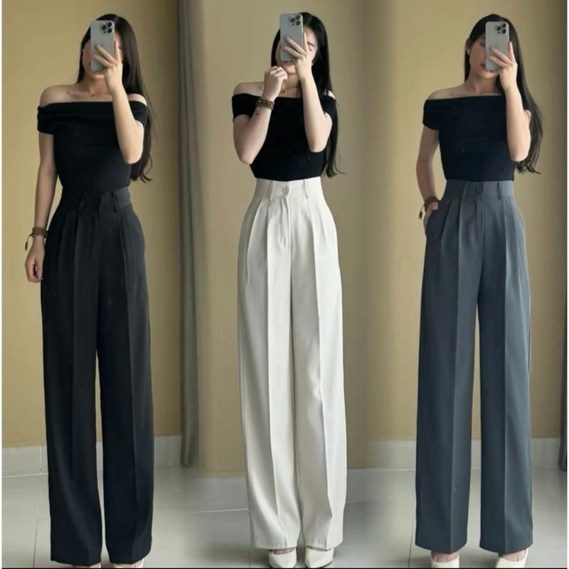   TẶNG DÂY LƯNG TRÊN LIVE  QUẦN SUÔNG LƯNG CAO BASSIC VẢI GOLD NHẬT MỀM MỊN DÀI 100CM Nữ Women Pants Kem Nhung Voi 