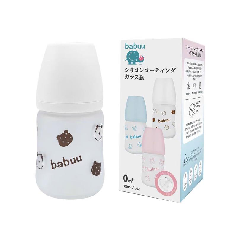 Bình sữa thủy tinh bọc silicone cho bé sơ sinh Babuu cổ rộng 160ml với núm ti siêu mềm và có thể điều chỉnh khớp ngậm cho bé 4