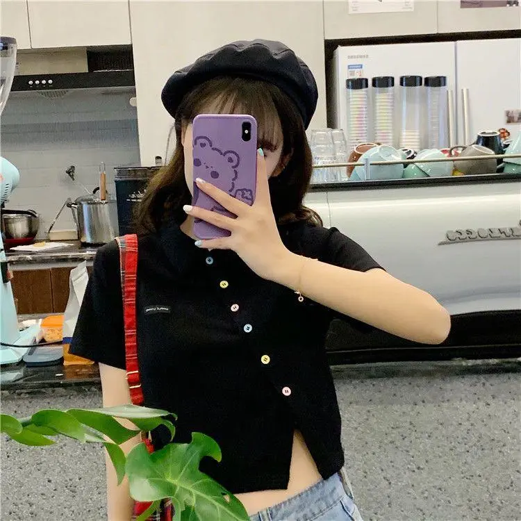 Atasan Kemeja Kaus Polo Wanita Pendek Pusat Ritsleting Lengan Pendek Tie Neck Warna Solid Kancing Fashion Kasual Korea Musim Panas Pakaian Dalam Wanita 7