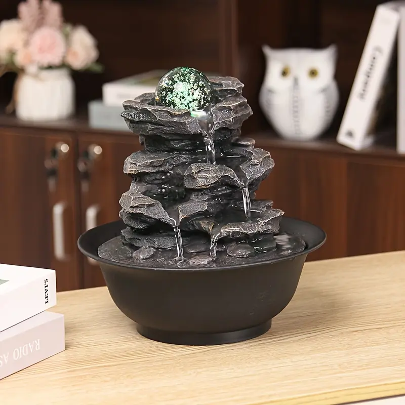 USB Powered Spinning Orb Rock Cascading Tabletop Fountain, Zen Meditation Indoor Waterfall Feature with LED Light for Home Office Bedroom Decor, Relaxation Fountain