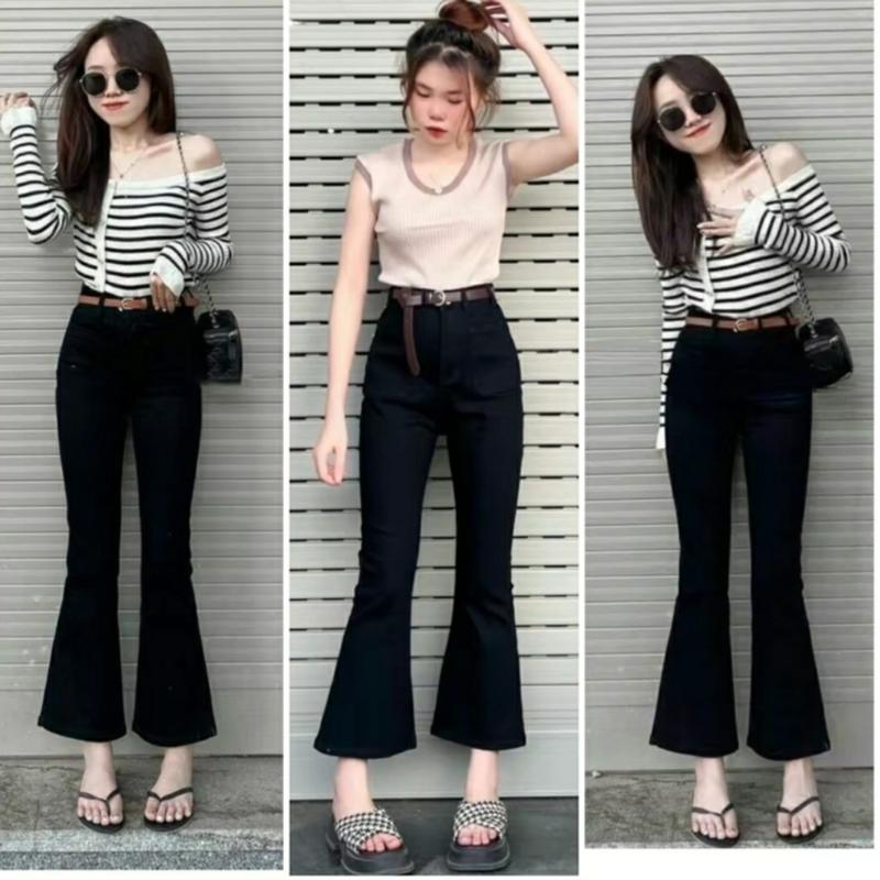Quần Jean Loe Cạp Cao May Gấu Co Giãn 4 Chiều Nữ Women Pants Voi Đen ống l oe quần  jean jean  ống  loe