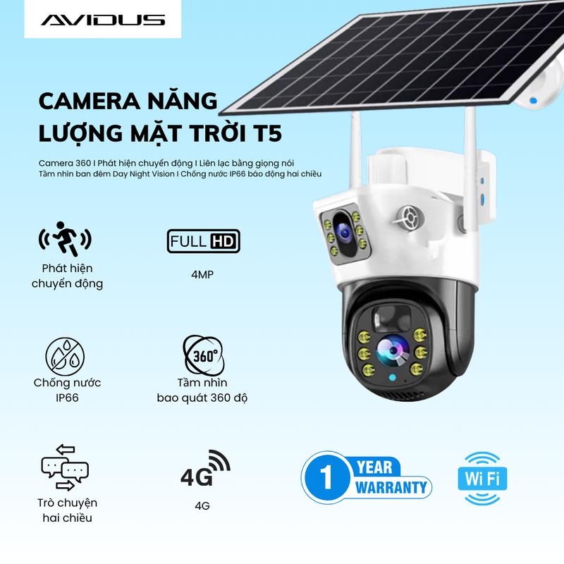 AVIDUS Camera V380 Pro T5 Năng Lượng Mặt Trời 2 Mắt Sim 4G - Độ Phân Giải 4.0MP Chống Nước IP66 Có Pin Tích Điện Trên Thân Camera Đàm Thoại Hai Chiều Tiện Lợi flash camera Chụp Ảnh camera ngoài trời chống nước
