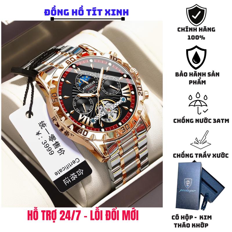 Đồng hồ cơ nam đẹp chính hãng POEDAGAR tích cót tự động chạy 6 kim,dạ quang dây thép đúc đặc khóa chụp đôi chống nước 3ATM mặt kính sapphire Watch Đeo Tay