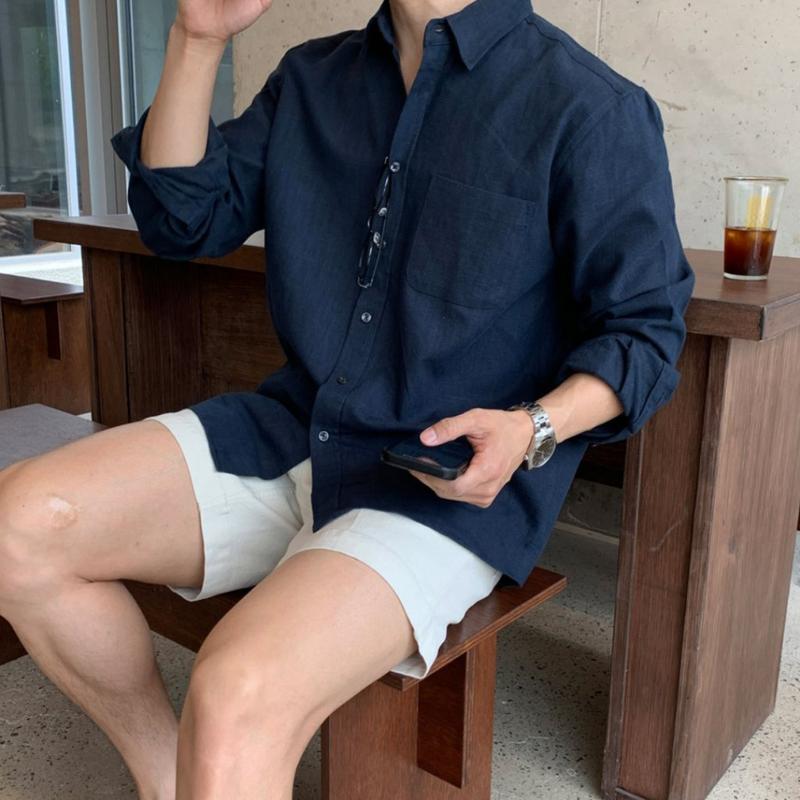 Áo sơ mi nam cổ bẻ dài tay vải đũi ZUTEE phom dáng thoải mái thấm hút tốt.4 màu xanh than-trắng-xám-đen. Menswear Shirt