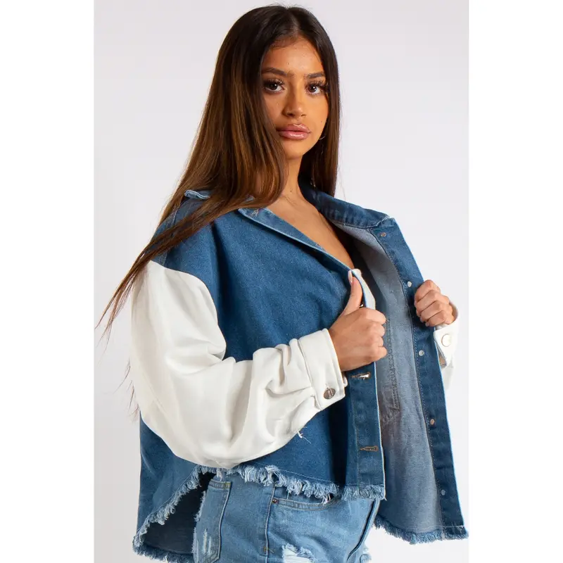 Blue Denim & Jersey Sleeve Combo Frayed Denim Jacket - Raina 0