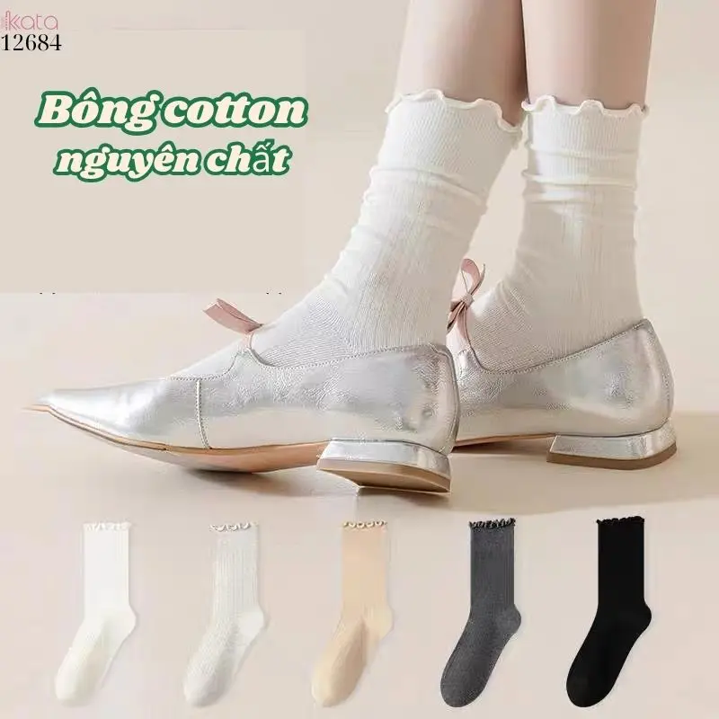 Tất retro viền ren 100% cotton thấm hút mồ hôi tốt,tất mỏng thu đông 12684 0