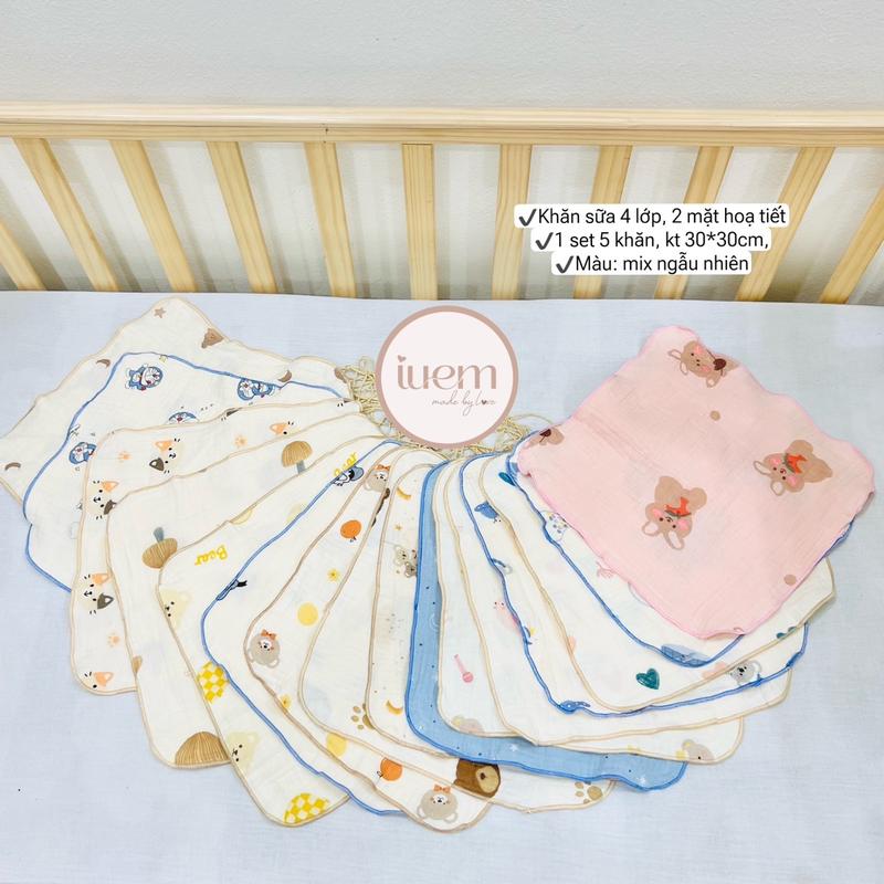 iuem KHĂN SỮA MUSLIN 4 LỚP VIÊND MÀU XINH cho bé từ sơ sinh, set 5 khăn 2 mặt hoạ tiết xinh, dày dặn 2 mặt hoạ tiết làm khăn sữa, khăn mặt, mềm mại, thấm hút tốt Khăn Tắm