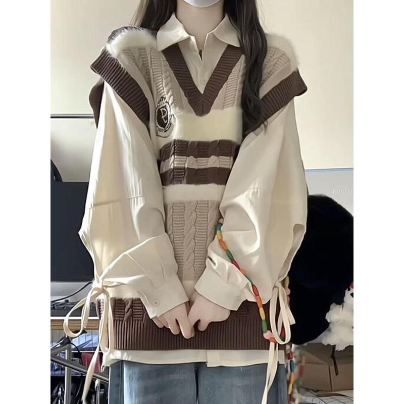 Bộ Đồ Hai Mảnh, Phong Cách Preppy Ngọt Ngào Nhật Bản, Màu Tương Phản, Cổ Chữ V, Áo Vest Dệt Kim, Áo Sơ Mi Nữ Dài, Thích Hợp Cho Mùa Xuân Và Mùa Thu, Hàng Mới Về Women Top Jacket 0