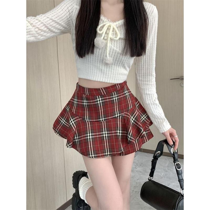 Chân Váy Họa Tiết Đỏ, Hình Quả Lê Kiểu Mỹ Dễ Thương Và Gợi Cảm, Dành Cho Mùa Hè Của Phụ Nữ, Cạp Cao, Mỏng Vừa Vặn, Chân Váy Xếp Ly Dễ Phối Đồ Culottes 1