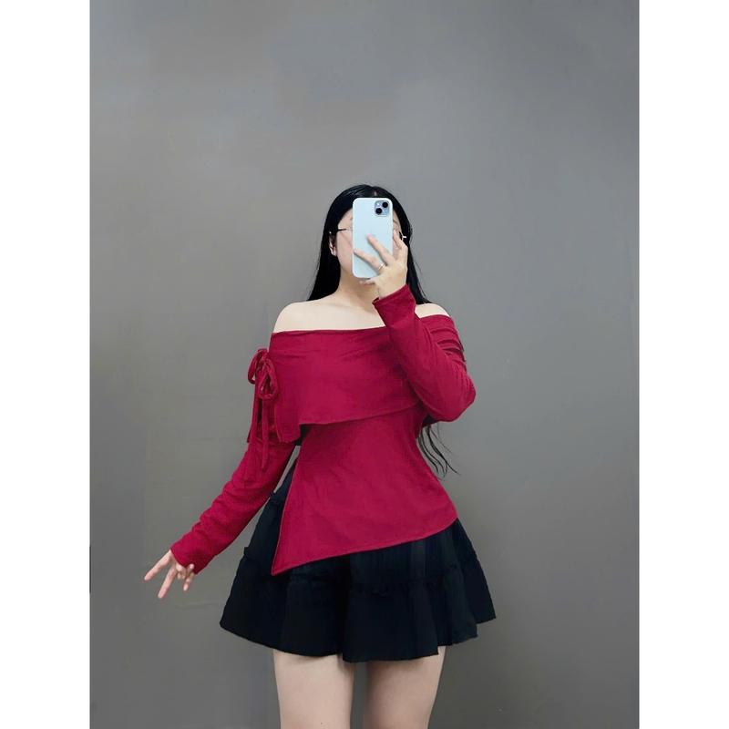 Áo Trễ Vai Tay Dài Bigsize Nữ Sang Chảnh Buộc Nơ Tôn Vòng 1 Vải Tăm Co Giãn Tà Xẻ Che Bụng Thiết Kế Style Tiểu Thư G257 Women Nhung Top 1