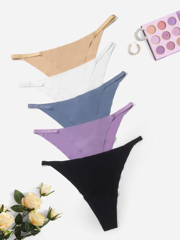 Women's 5pcs Solid Drop Waist Thong, Casual Comfy Breathable Panty for Daily Wear, Women's Knickers for All Seasons 1
