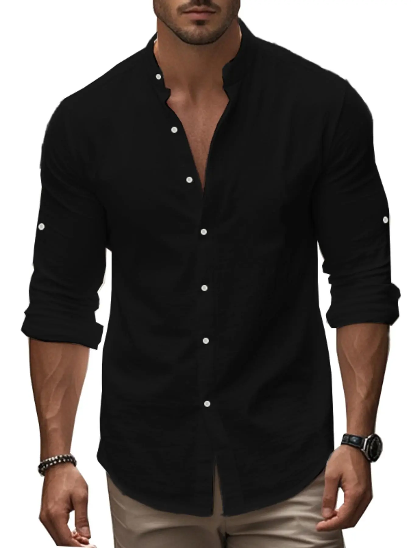Men's Solid Button Front Shirt, Regular Fit Casual Long Sleeve Collared Top for Spring & Fall, Men's Clothes for Daily Wear, Beige