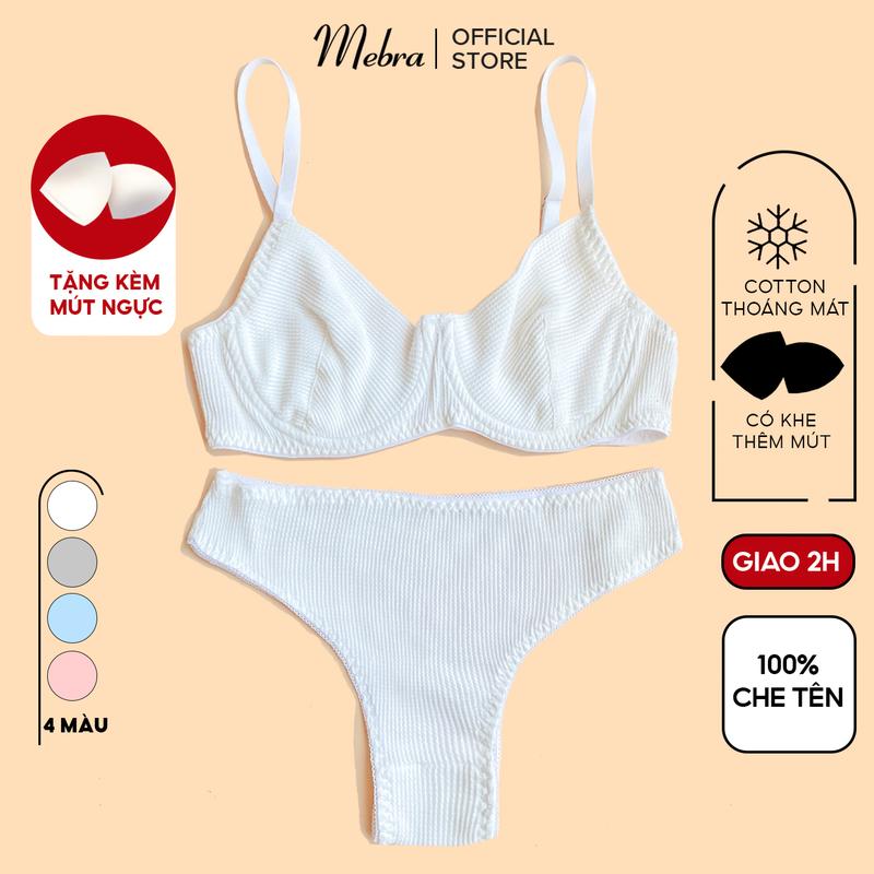 Mebra - Bộ đồ lót có gọng có mút mỏng cotton tổ ong thoáng mát màu trắng và ghi xám mát mẻ dễ chịu nâng nhẹ mặc cùng Quần Áo trơn sáng màu dễ thương basic Nhung Nữ