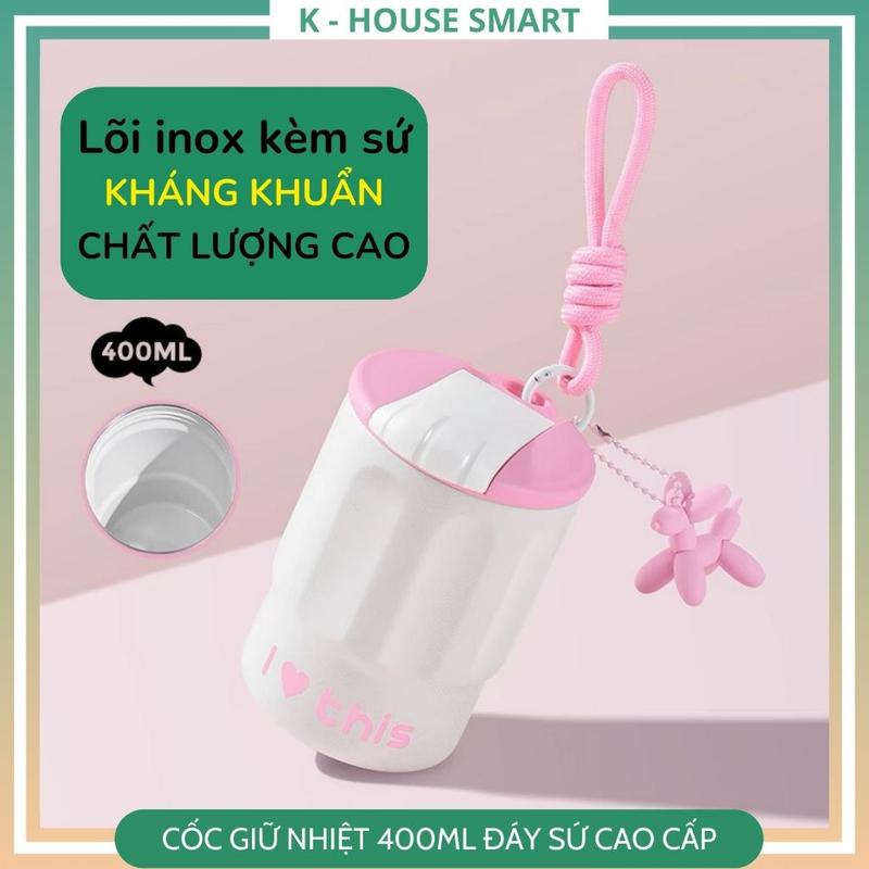 Côc giữ nhiệt 400ml inox lót 2 lớp sứ cao cấp hàng đẹp, ly giữ nhiệt nóng lạnh cà phê phiên bản mới đáy sứ K-housesmart