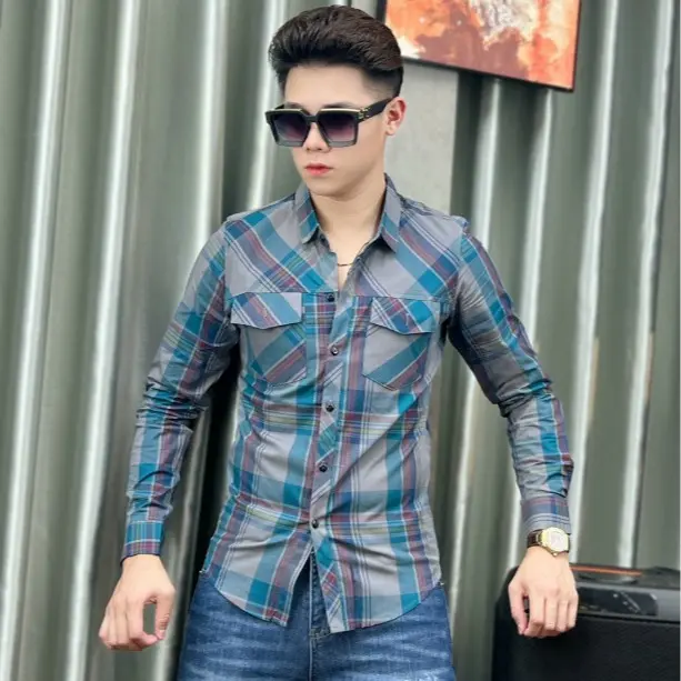 Áo sơ mi nam dài tay kẻ caro nhiều màu, dáng ôm body, có 2 túi - Có Cổ 1