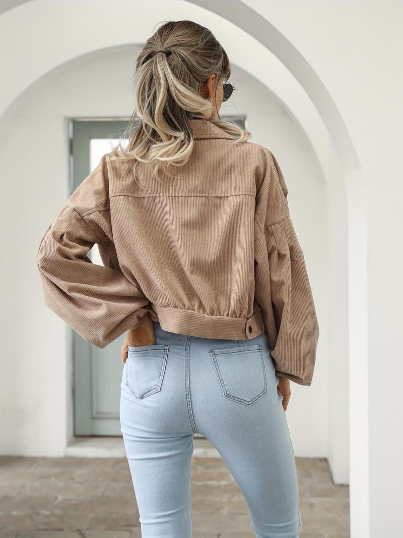 Product Introduction of Women's Plain Pocket Button Front Lantern Sleeve Ruched Jacket, Coats for School, Casual Drop Shoulder Long Sleeve Collar Outerwear for Daily Wear, Jackets for Women, Ladies Clothes, Back To School Clothes, Gen Z Corporate Outfit,  Winter Coats 2024 10