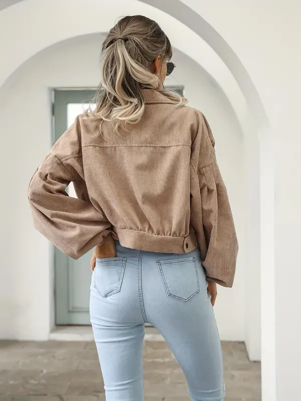 Women's Plain Pocket Button Front Lantern Sleeve Ruched Jacket, Coats for School, Casual Drop Shoulder Long Sleeve Collar Outerwear for Daily Wear, Jackets for Women, Ladies Clothes, Back To School Clothes, Gen Z Corporate Outfit,  Winter Coats 2024 5