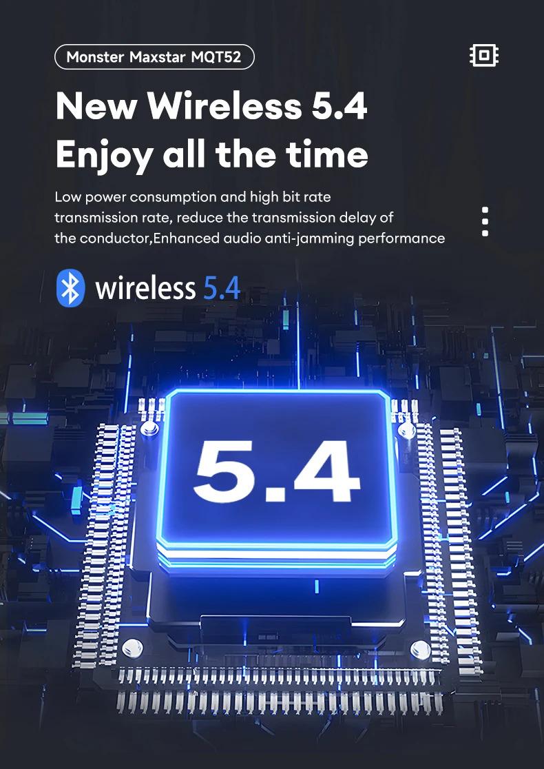 （Best Price）Monster MQT52 TWS Wireless Bluetooth 5.4 Earphones with Surround Sound, Dolby Audio, Low Latency, Noise Reduction, 24H Battery Life, Immersive Audio Headset, Microphone Amplifier