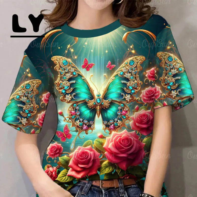 flower T-shirt butterfly pattern women's shirt round neck loose short sleeved Loose casual  5487