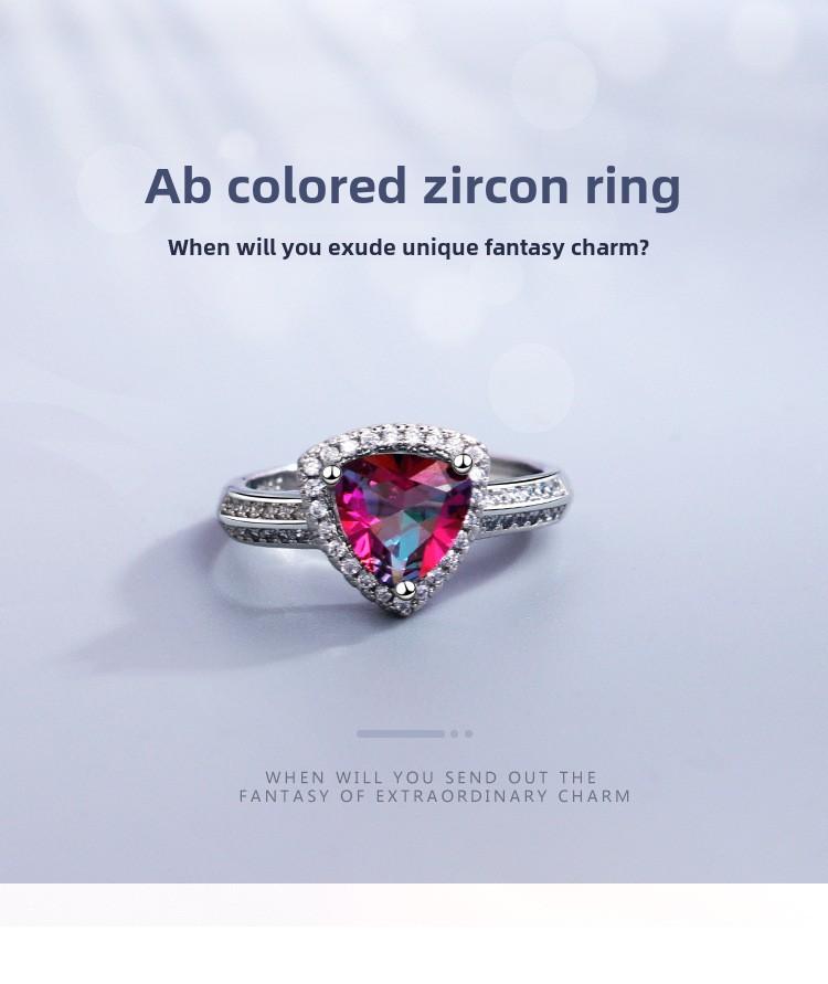 Product Introduction of New Colorful Diamond Ring for Women Fashionable Elegant Open Ring European and American Light Luxury Style AB Color Triangle Zircon Ring 0