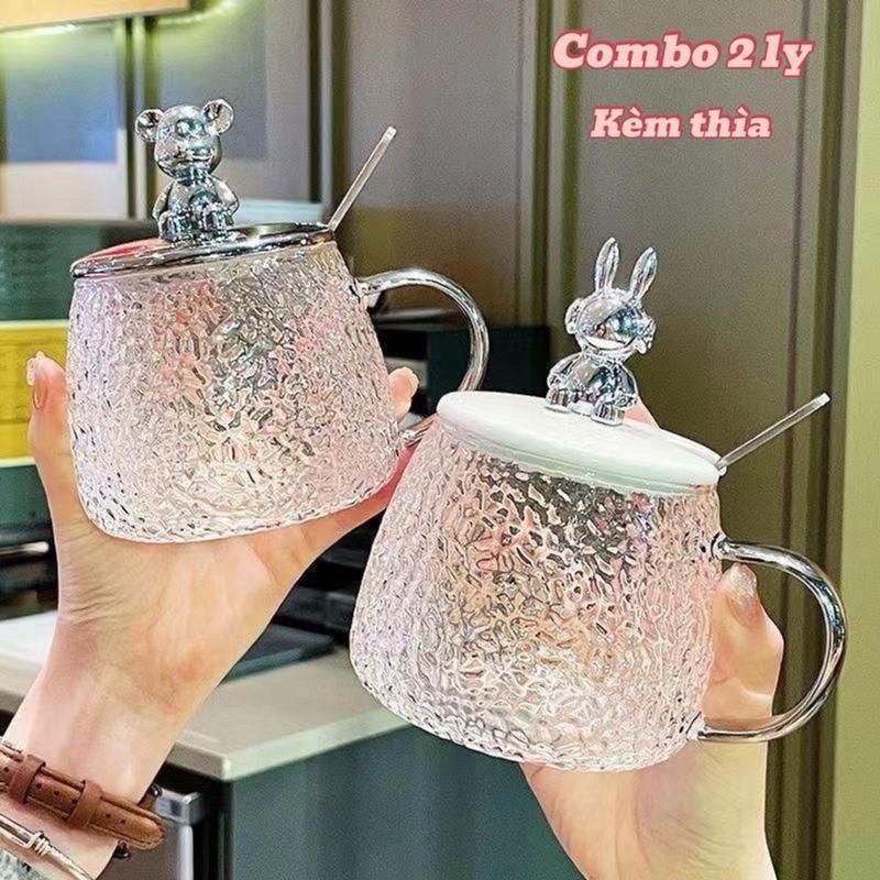 Combo 2 Ly Thủy Tinh Nắp Gấu Dung Tích 350ml Siêu Tiện Dụng Siêu Xinh