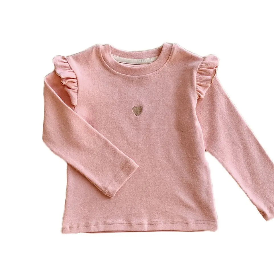 2025 Spring Girls Tees Top Lotus Sleeve Solid Colour Heart Long Sleeve T-Shirt Women Baby Cute Bottom Shirt Pajamas