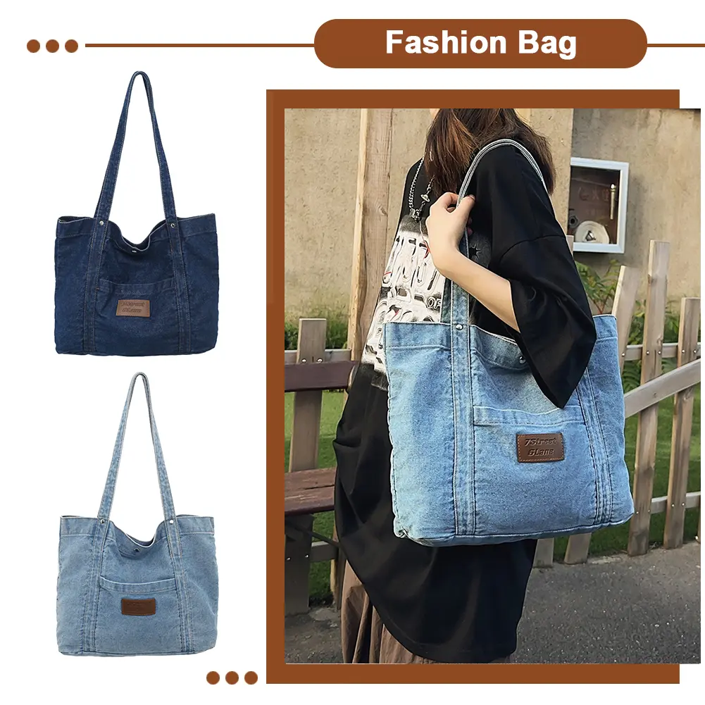 Women Jeans Handbag Large Capacity Denim Retro Tote Bag Female Daily Commute Bag