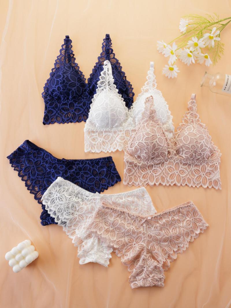 Product Introduction of Women's Simple Contrast Lace Wireless Bra & Bow Panty Set, Lady Adjustable Spaghetti Strap Bralette & Knicker, Comfort Summer Clothes, Lingerie & Underwear Set, Underwear for Women, Co Ords for Women Womenswear Comfortable White 8