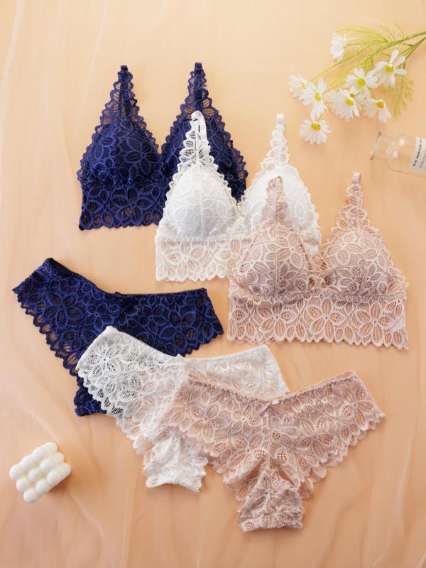 Women's Simple Contrast Lace Wireless Bra & Bow Panty Set, Lady Adjustable Spaghetti Strap Bralette & Knicker, Comfort Summer Clothes, Lingerie & Underwear Set, Underwear for Women, Co Ords for Women Womenswear Comfortable White 7