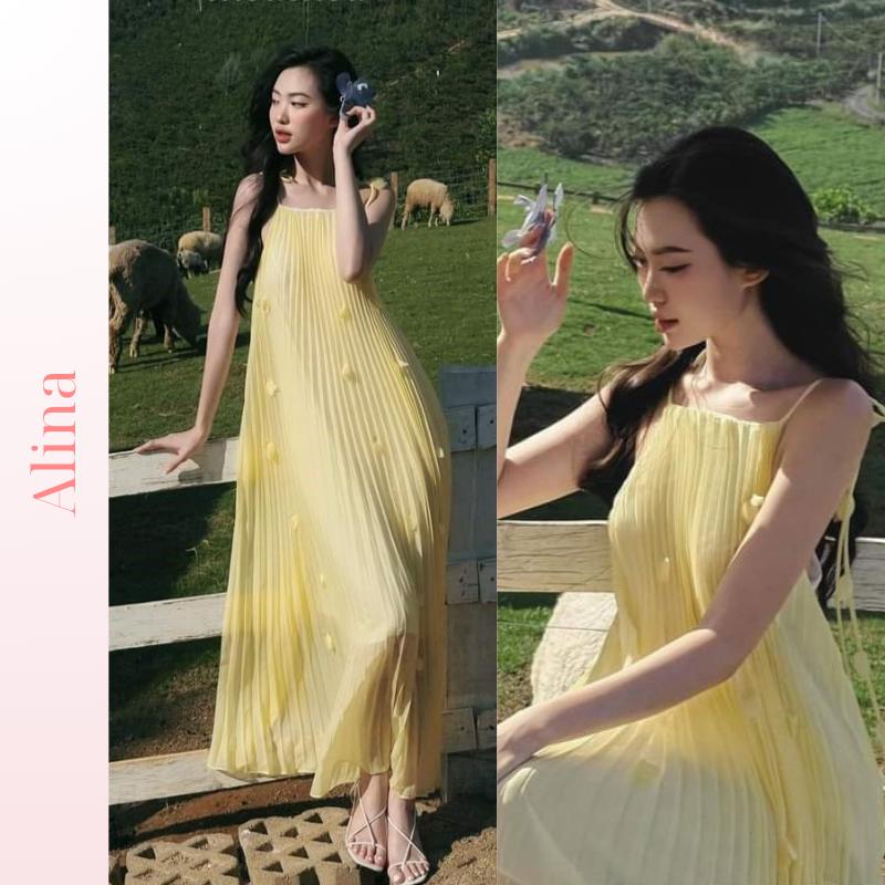 Váy hai dây nữ dáng dài chất liệu tơ dập ly siêu bồng bềnh đầm maxi nữ hai lớp đính hoa nhí mặc đi biển