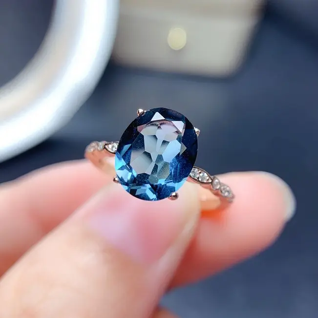 New Elegant Oval Artificial Sea Blue Topaz Full Diamond Colored Gems Open Ring for Women Hot Sale